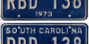 South Carolina 1973 car license plate pair #RBD-138