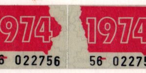 Iowa 1974 car license plate sticker pair Lee county #56-022756