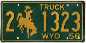 Wyoming 1958 truck license plate Laramie county #2-1323 #1