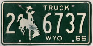 Wyoming 1966 truck license plate Laramie county #2-6737 #2