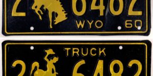 Wyoming 1960 truck license plate pair Laramie county #2-6482