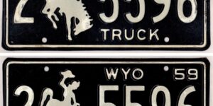 Wyoming 1959 truck license plate pair Laramie county #2-5596