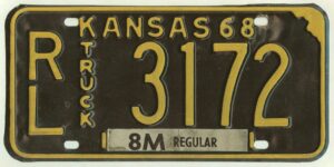 Kansas 1968 truck license plate Riley county #RL-3172
