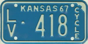 Kansas 1967 motorcycle license plate Leavenworth county #LV-418