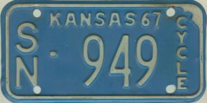 Kansas 1967 motorcycle license plate Shawnee county #SN-949