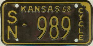 Kansas 1968 motorcycle license plate Shawnee county #SN-989
