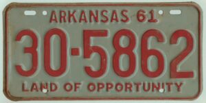 Arkansas 1961 car license plate #30-5862