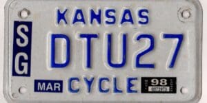 Kansas 1998 motorcycle license plate Sedgwick county #DTU27