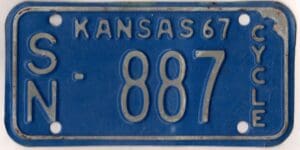 Kansas 1967 motorcycle license plate Shawnee county #SN-887