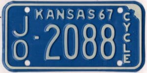Kansas 1967 motorcycle license plate Johnson county #JO-2088