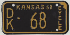 Kansas 1968 motorcycle license plate Dickinson county #DK-68
