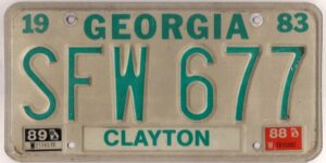 Georgia 1988 car license plate Clayton county #SFW-677