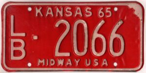 Kansas 1965 car license plate Labette county #LB-2066