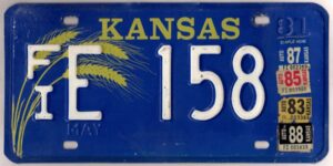 Kansas 1983 1985 1987 1988 car license plate Finney county #FI E-158