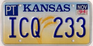 Kansas 1994 car license plate Pottawatomie county #ICQ-233