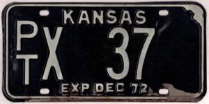 Kansas 1972 car license plate Pottawatomie county #PT X-37