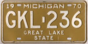 Michigan 1970 car license plate #GKL-236
