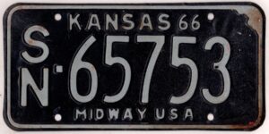 Kansas 1966 car license plate Shawnee county #SN-65753