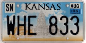 Kansas 2005 car license plate Shawnee county #WHE-833