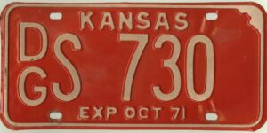 Kansas 1971 car license plate Douglas county #DG S-730
