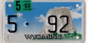 Wyoming 2003 motorcycle license plate Albany county #5-92