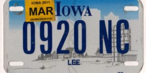 Iowa 2011 motorcycle license plate Lee county #0920 NC