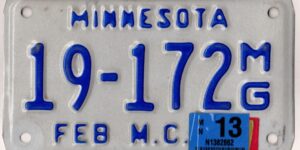 Minnesota 2013 motorcycle license plate #19-172