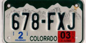 Colorado 2003 motorcycle license plate #678-FXJ