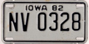 Iowa 1982 motorcycle license plate #NV 0328
