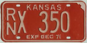 Kansas 1971 car license plate Reno county #RN X-350