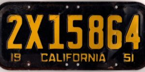California 1951 car license plate #2X15864