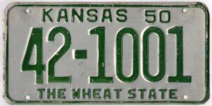 Kansas 1950 car license plate Jackson county #42-1001