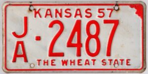 Kansas 1957 car license plate Jackson county #JA-2487