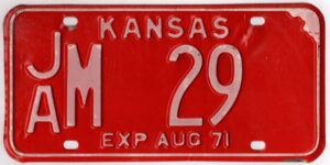 Kansas 1971 car license plate Jackson county #JA M-29