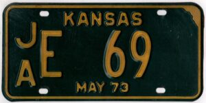 Kansas 1973 car license plate Jackson county #JA E-69