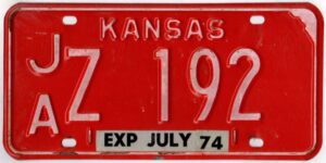 Kansas 1974 car license plate Jackson county #JA Z-192