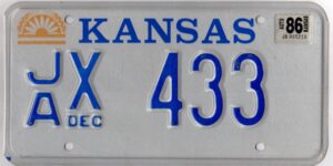 Kansas 1986 car license plate Jackson county #JA X-433