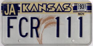 Kansas 1993 car license plate Jackson county #FCR-111